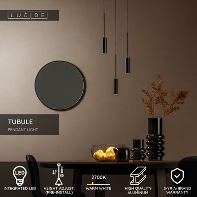 Lucide TUBULE - Pendant light - Ø 26 cm - LED - 3x7W 2700K - Black
